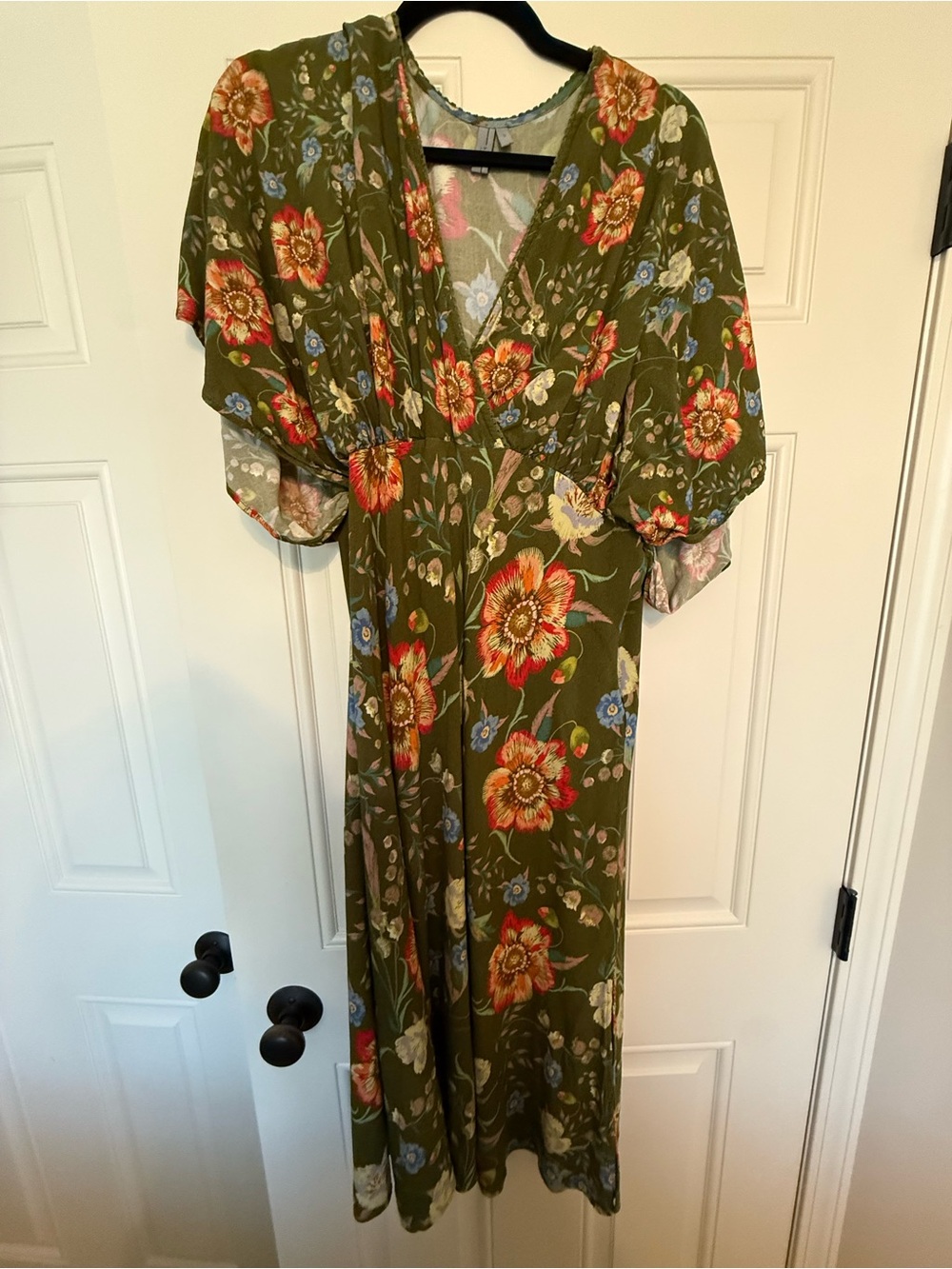 Olive Floral V-Neck Midi Dress